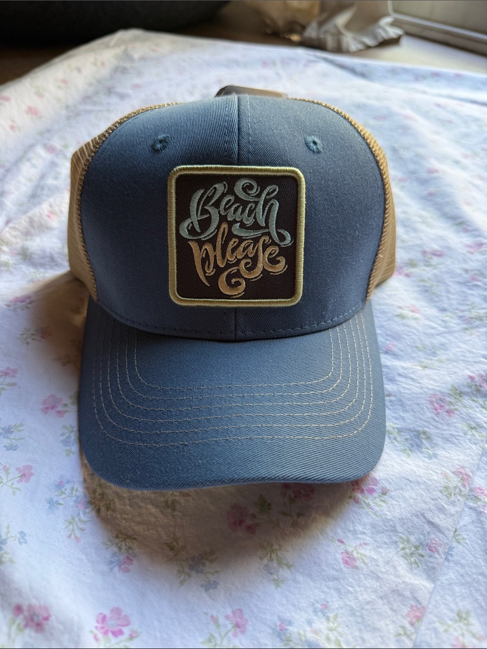 'Beach Please' Trucker Hat - Blue and Tan